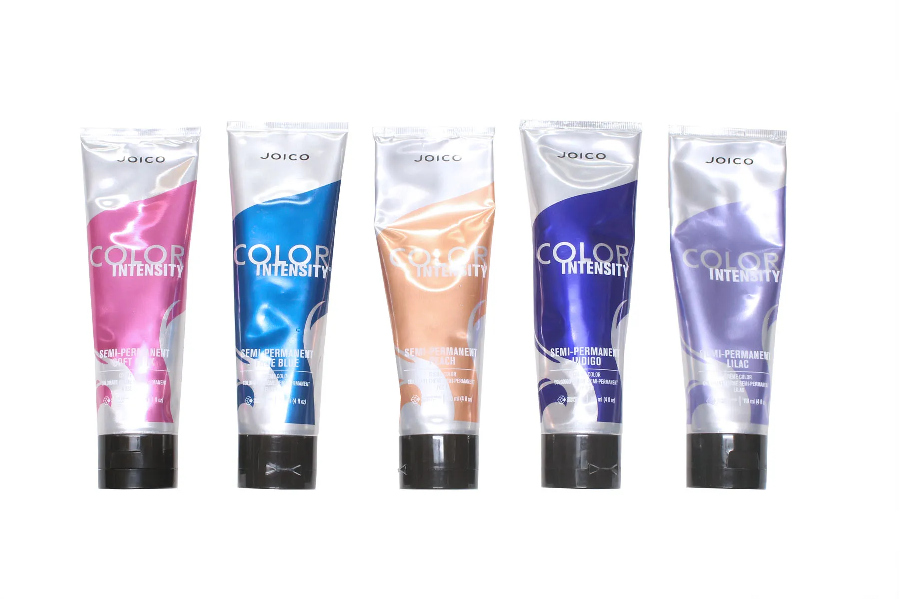 A row of hair color tubes in pink, blue, peach and purple